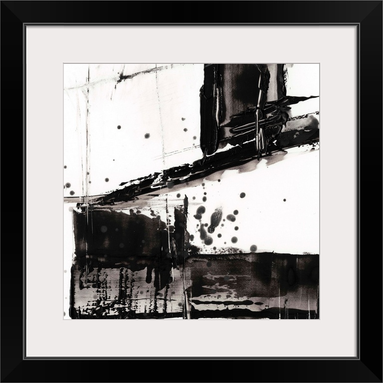 Abstract painting of chaotic wide black  brush strokes with overlaying splatters of black.