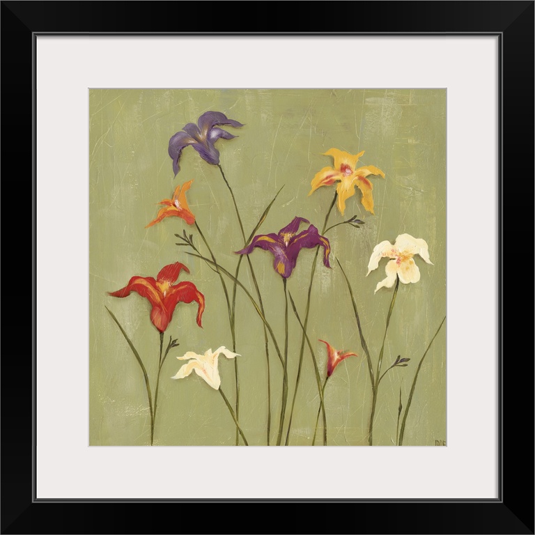 This decorative artwork features flowers painted in jewel tones over a green distressed background.