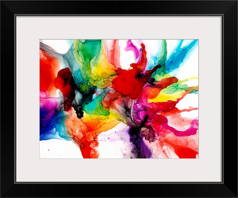 A punchy, bright, jewel-toned abstract created with an alcohol ink technique. Featuring every color of the rainbow on a wh...