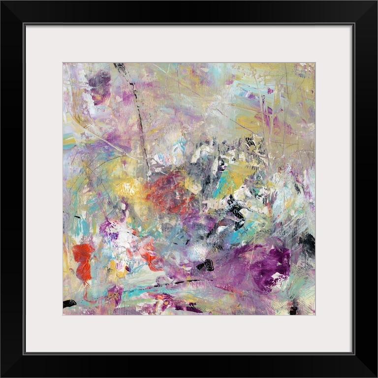 Contemporary abstract artwork in a frenzy of colors and textures, with scratches, brushstrokes, and splatters.