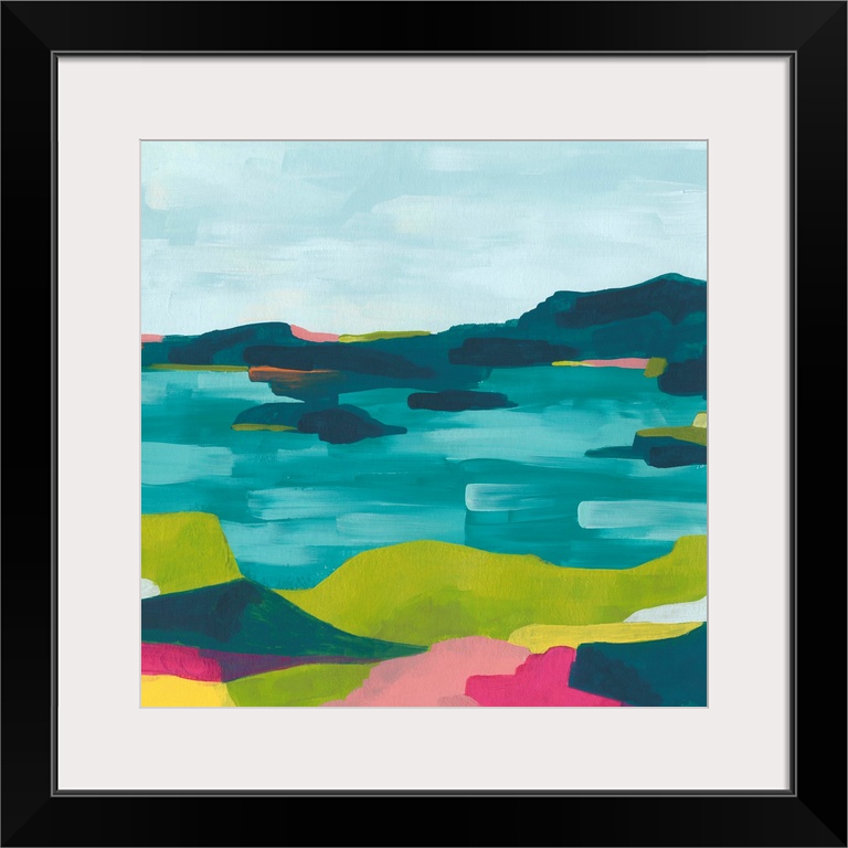 Contemporary abstract landscape in vibrant hues.