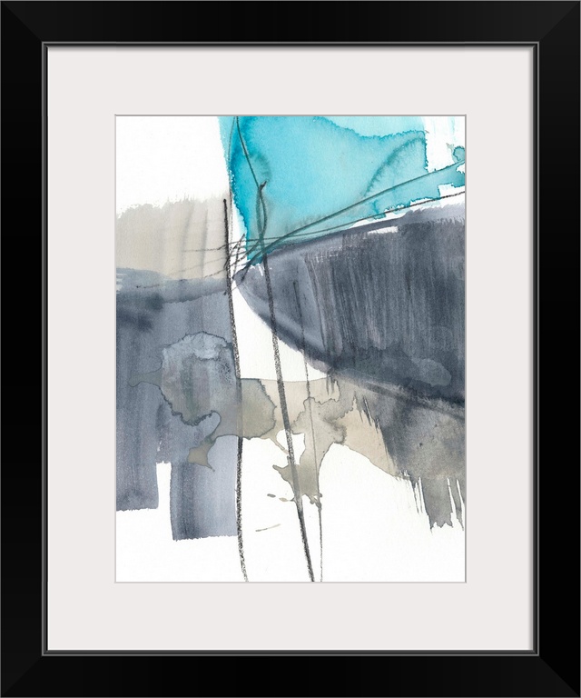 Vertical abstract painting of free form brush strokes of neutral colors with blue accents.