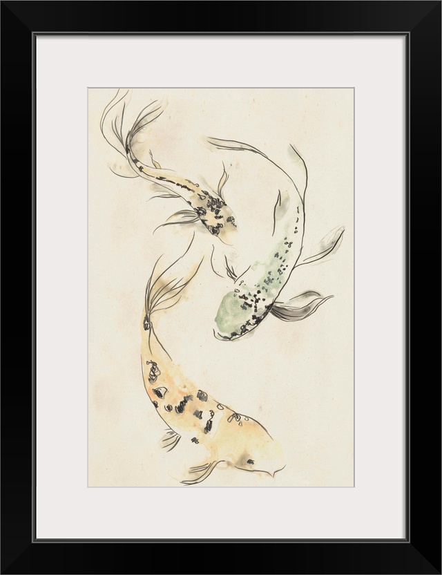 Three koi fish swimming around each other on a sepia toned background.