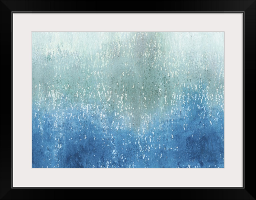 Contemporary abstract painting using tones of blue in cascading and gradating movements.