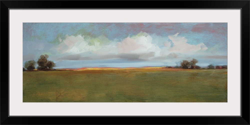 Contemporary landscape artwork of an open field with sparse trees under a cloudy sky.