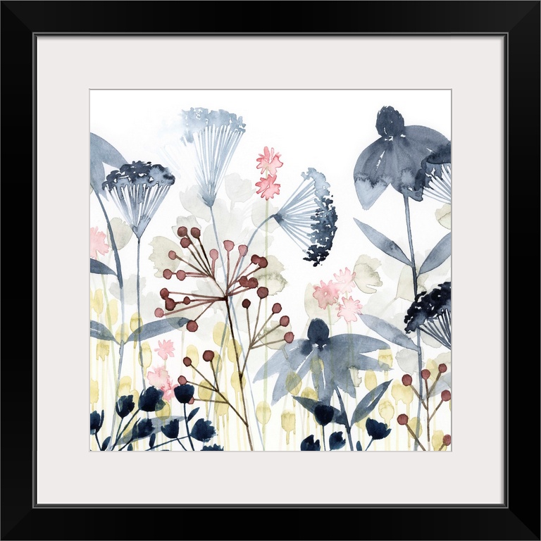 This soft contemporary artwork features an assortment of wildflowers and foliage including delicate blue watercolor blossoms.