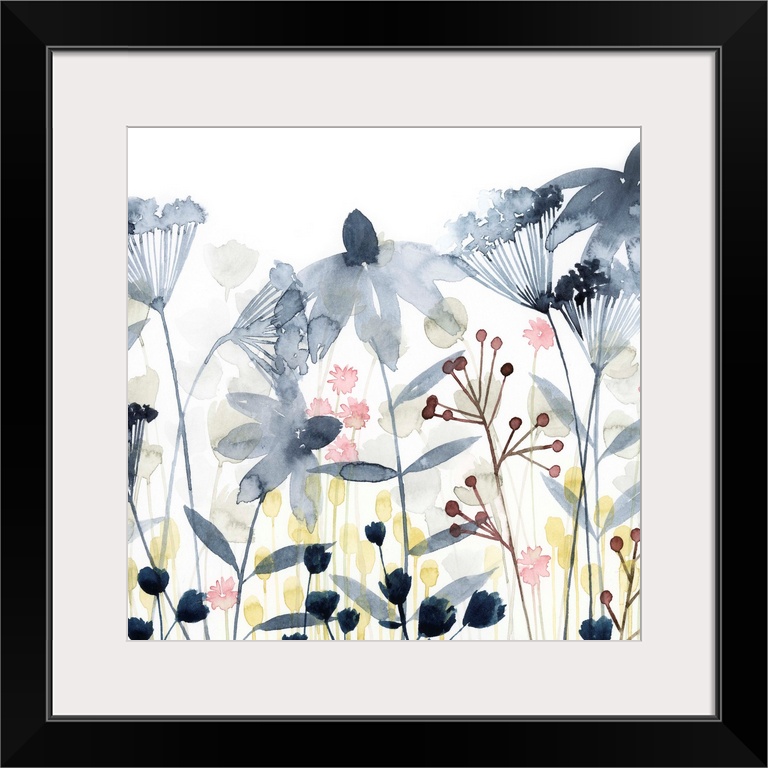 This soft contemporary artwork features an assortment of wildflowers and foliage including delicate blue watercolor blossoms.