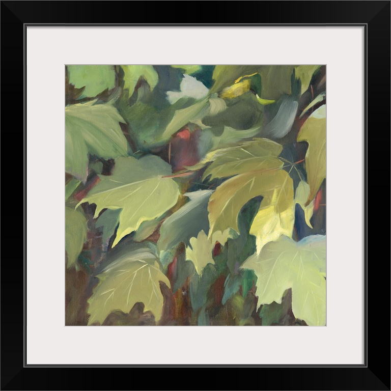 Contemporary artwork of green oak leaves in the shade.
