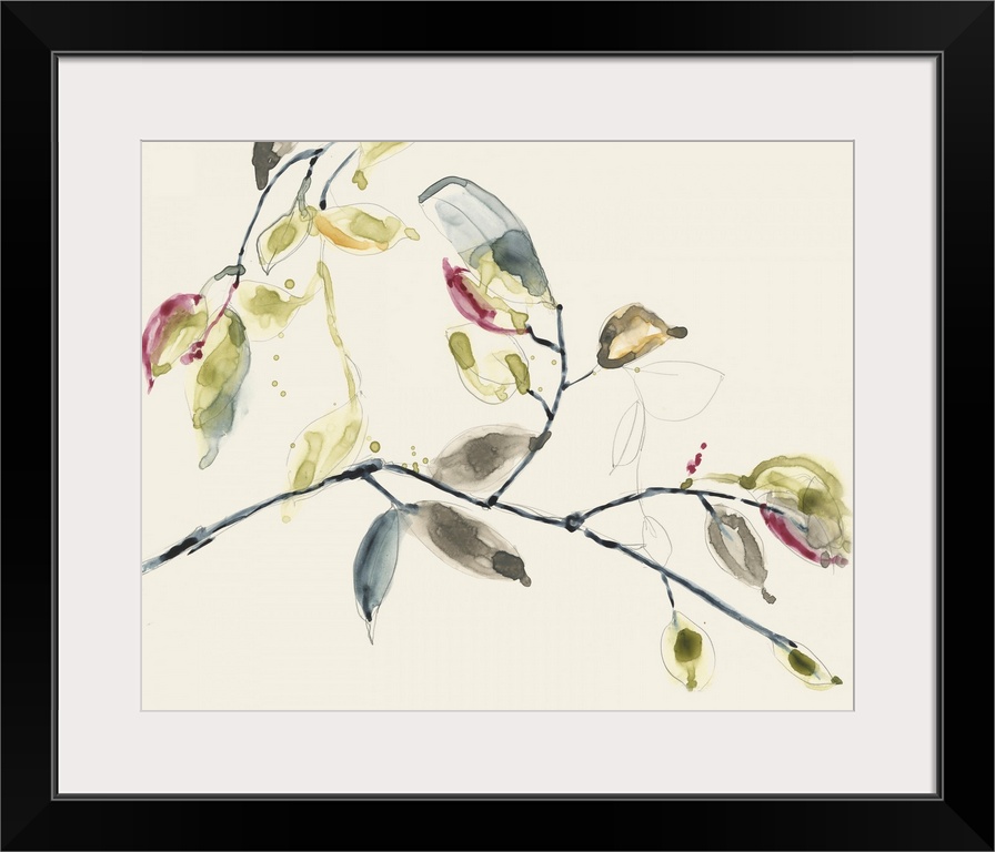 Carefree brush strokes and paint droplets flow over a sketched branch with leaves in this relaxed contemporary artwork.