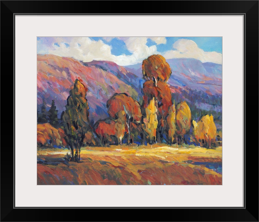 Contemporary painting of a mountain valley landscape with a grove of trees in the fall.