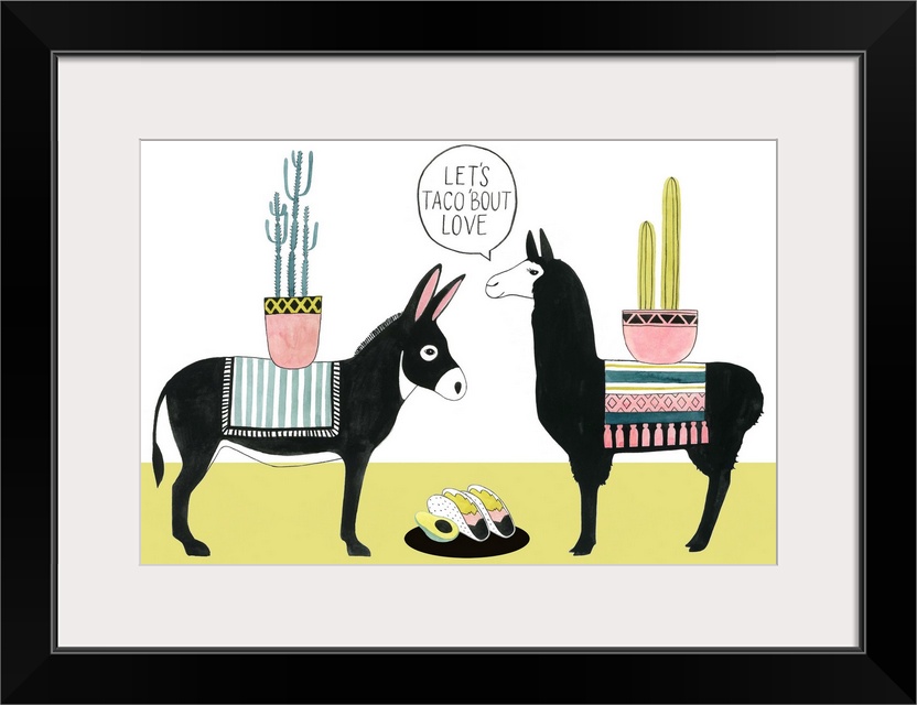 This humorous decorative artwork features a donkey and a llama sharing tacos with the words: Lets taco bout love, featured...