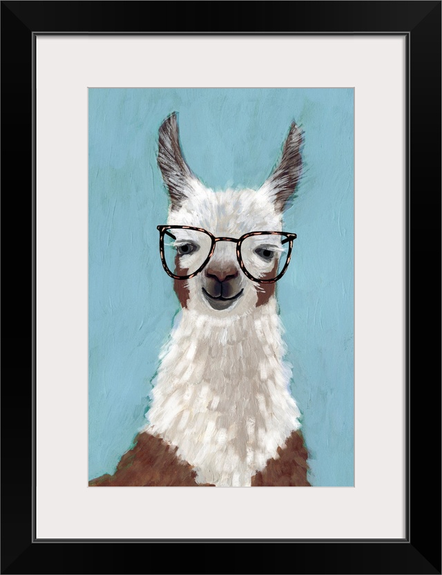 One painting in a series of hipster llamas with goofy grins wearing eye glasses.