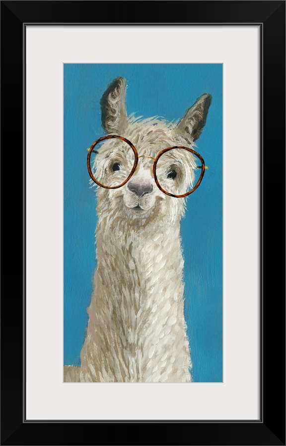 One painting in a series of hipster llamas with goofy grins wearing eye glasses.