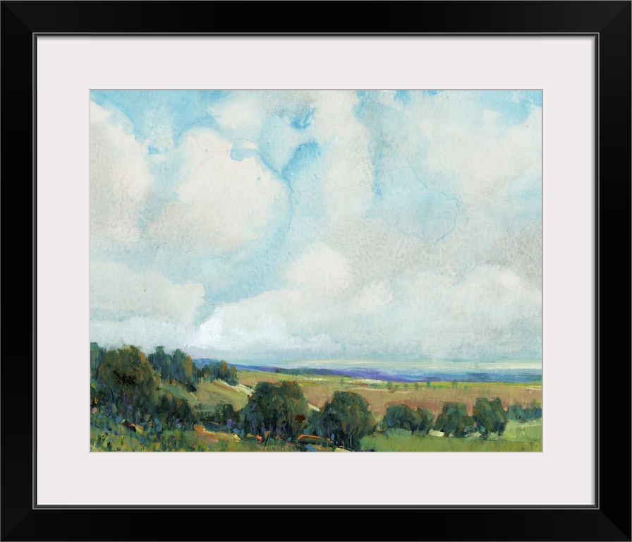 This contemporary artwork features short vertical brush strokes to create this lively countryside landscape with soft clou...