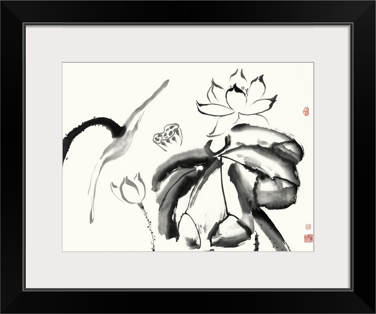 Illustrations of free formed lotus flowers in black watercolor with red Japanese symbols on the side.