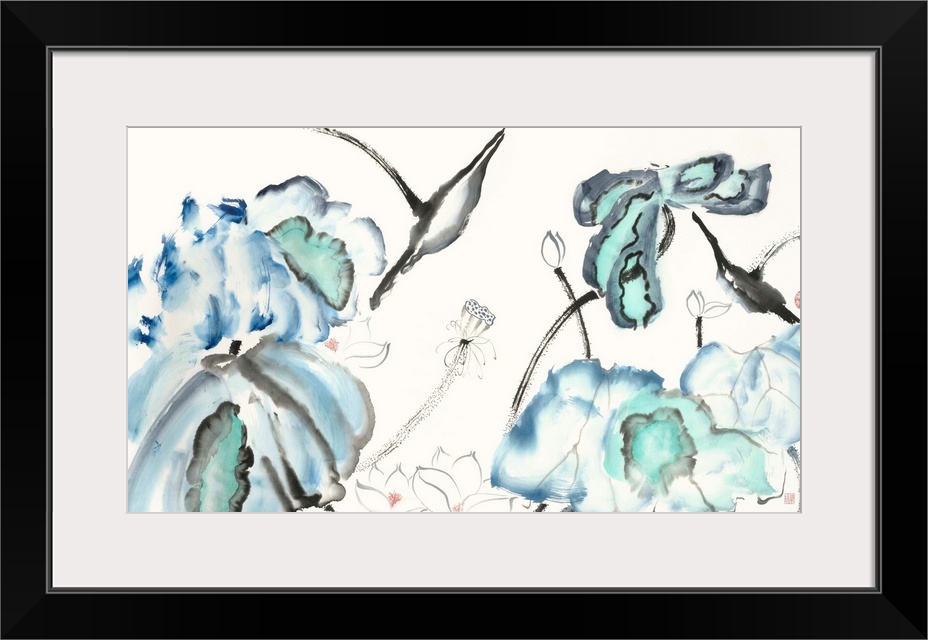 Illustrations of free formed lotus flowers in blue and black watercolor with red Japanese symbols on the side.