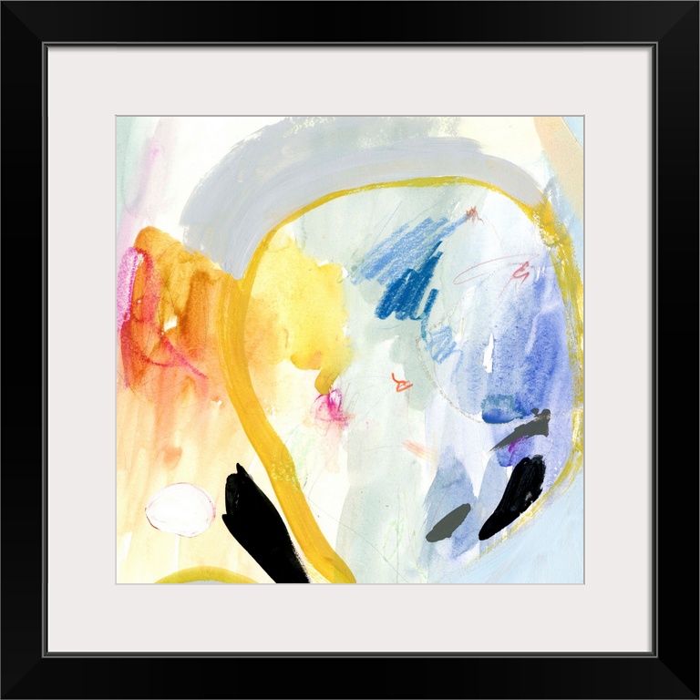 Contemporary abstract painting in various colors with large circular shapes in bright yellow.
