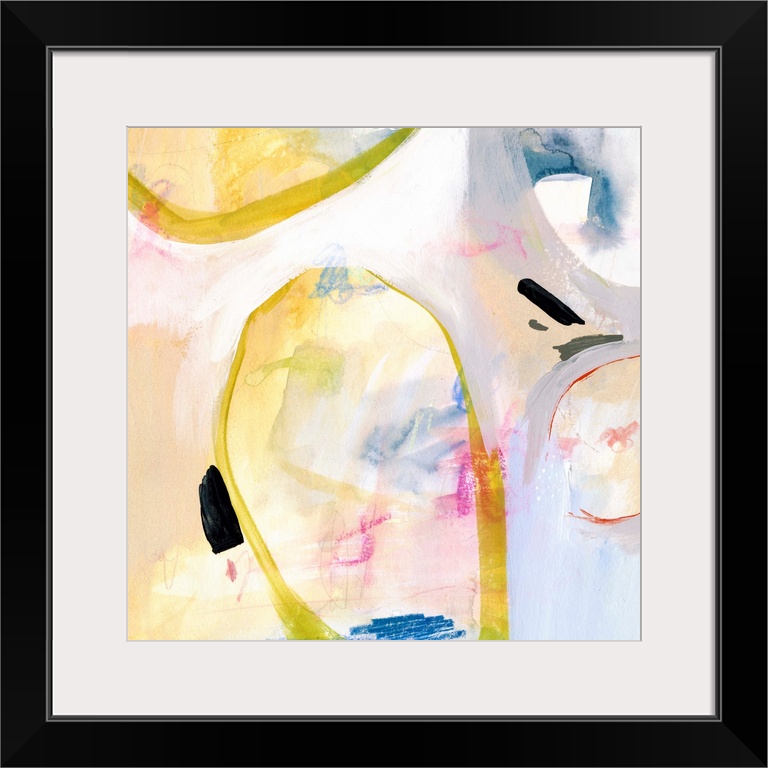 Contemporary abstract painting in various colors with large circular shapes in bright yellow.