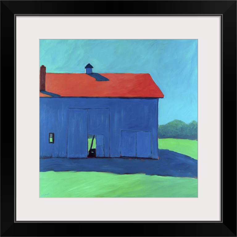 Square artwork of a stable on a countryside landscape in bright primary and secondary colors.