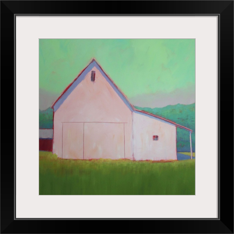 Square artwork of an agricultural building on a green countryside against a bright mint sky.