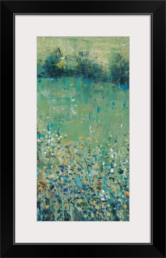 Contemporary painting of an abstracted green meadow full of wildflowers.