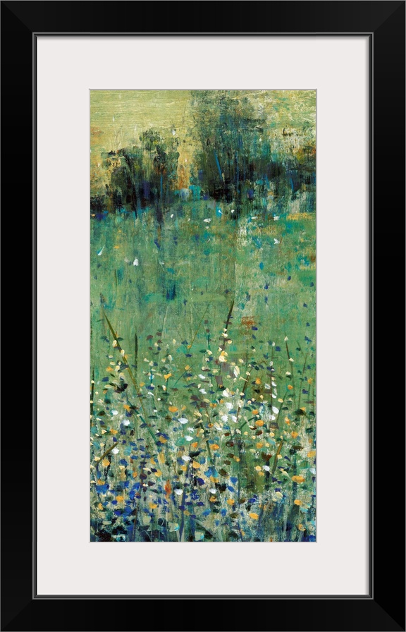 Contemporary painting of an abstracted green meadow full of wildflowers.
