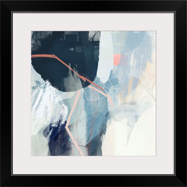 Contemporary abstract painting with circular shapes, lines, and brushstrokes in blue, white, and peach.