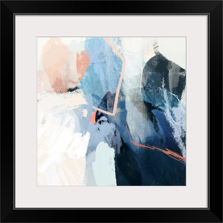 Contemporary abstract painting with circular shapes, lines, and brushstrokes in blue, white, and peach.