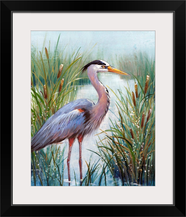 In this contemporary artwork, a stoic heron wades in the water with tall grasses and cattails working as camouflage.