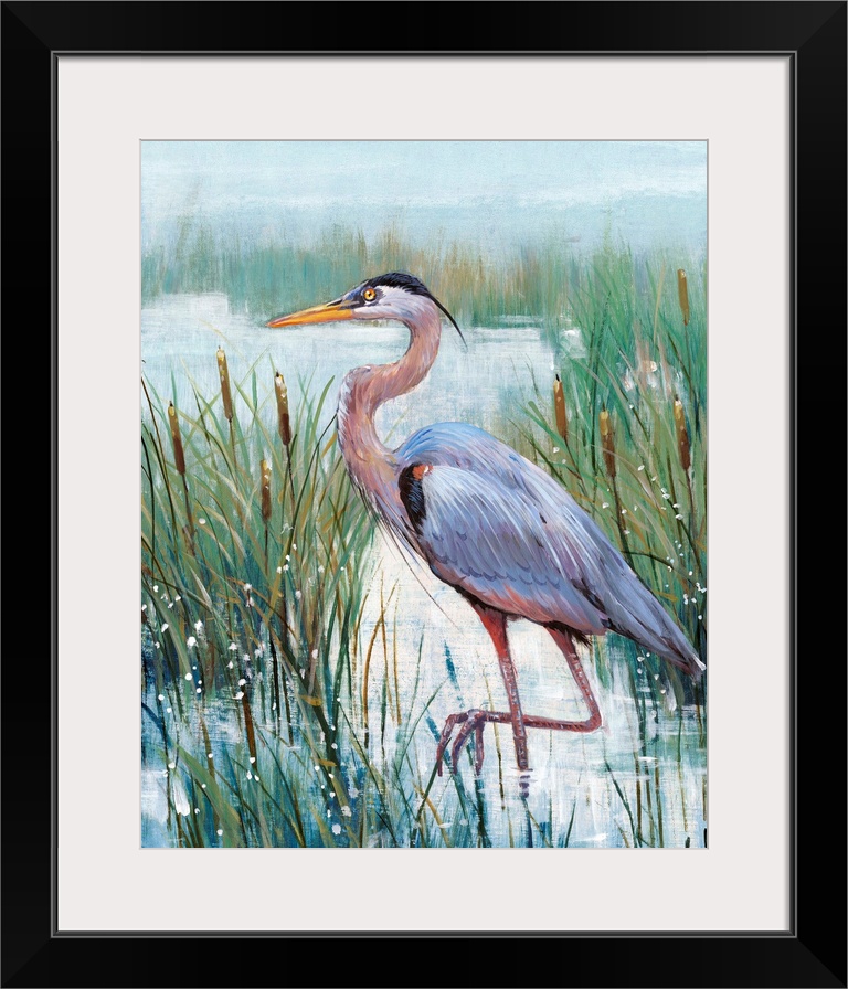 In this contemporary artwork, a stoic heron wades in the water with tall grasses and cattails working as camouflage.