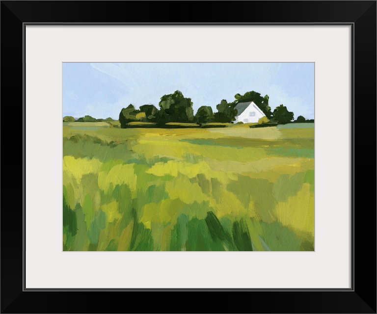 A simple contemporary painting of a field of tall grasses with a white house in the distance. The brushstrokes are thick a...