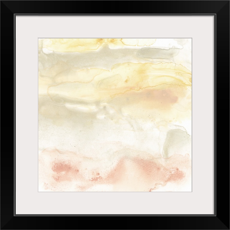 This contemporary artwork features warm tones in shades of orange and yellow to represent sunrise peeking over a mesa.