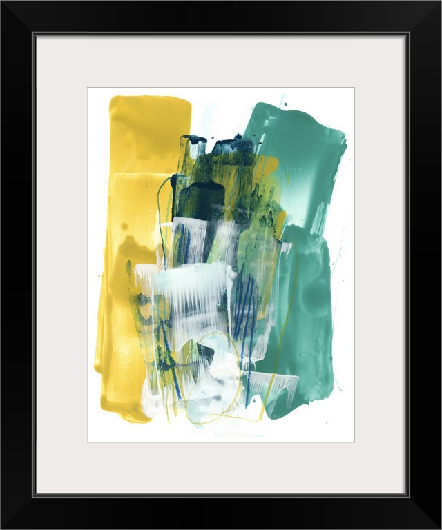 Bold, upright brush strokes in teal, white and yellow layer over one another in this contemporary artwork.