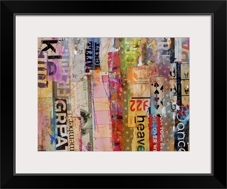 Contemporary mixed media artwork composed of a variety of found text arranged vertically.