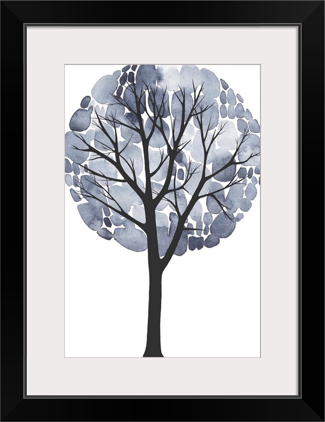 Painting of a tree with grey watercolor leaves.