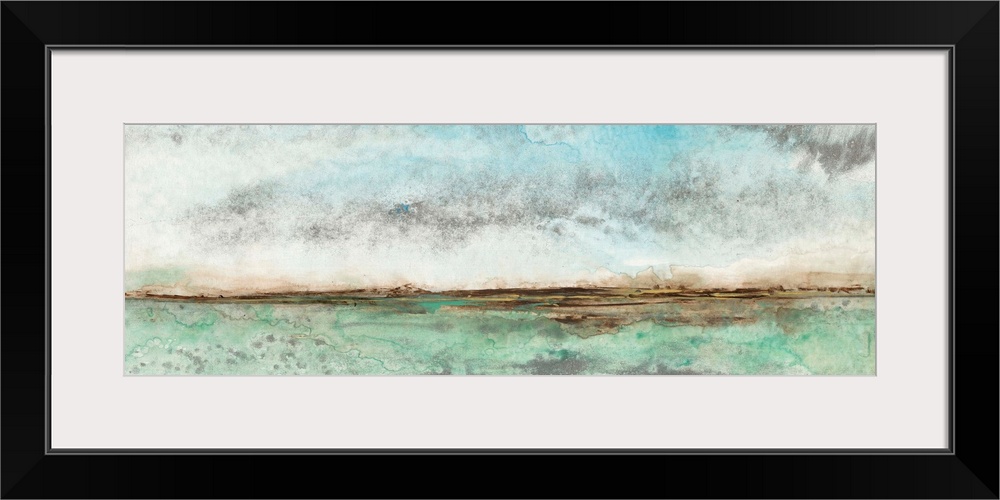 Contemporary seascape painting of turquoise water under a blue sky.