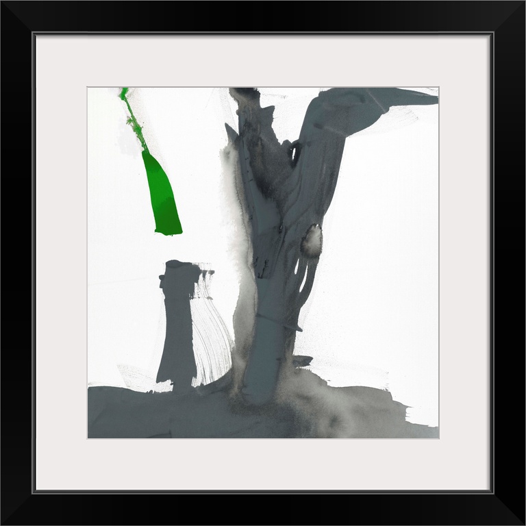 Abstract painting using aggressive strokes of gray with a hint of green against a white background.