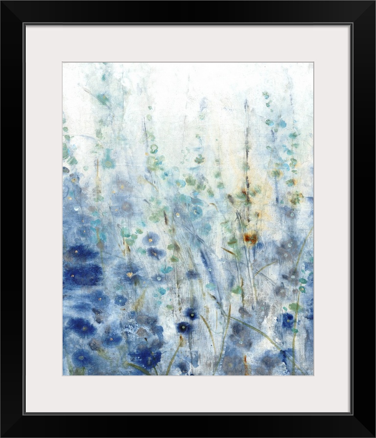 Contemporary painting of a patch of wildflowers made in shades of blue with gold accents.