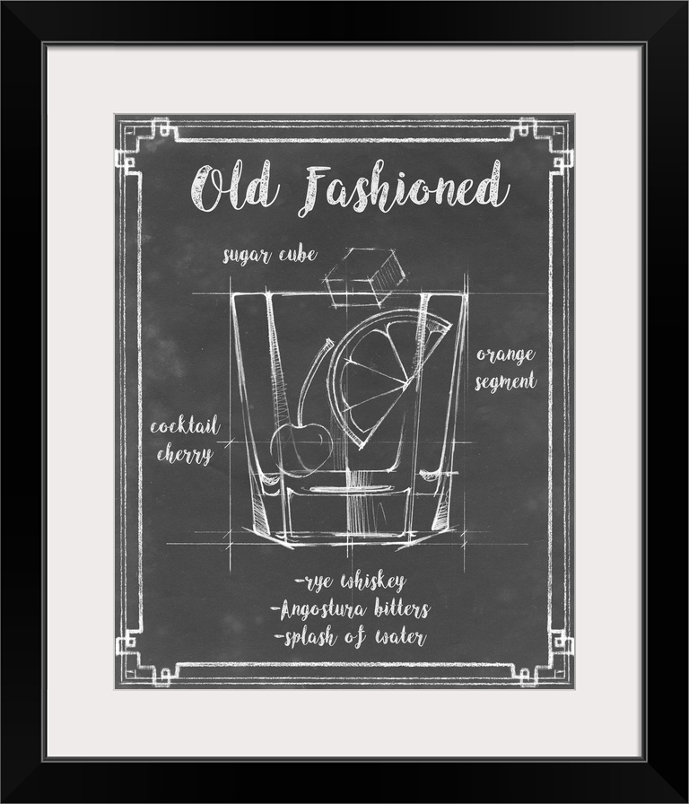 Blueprint style diagram and recipe of an Old Fashioned cocktail.