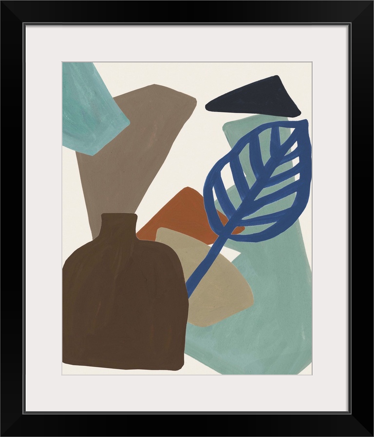Contemporary abstract collage of flowers, leaves, shapes, and vases in earth tones and blue.