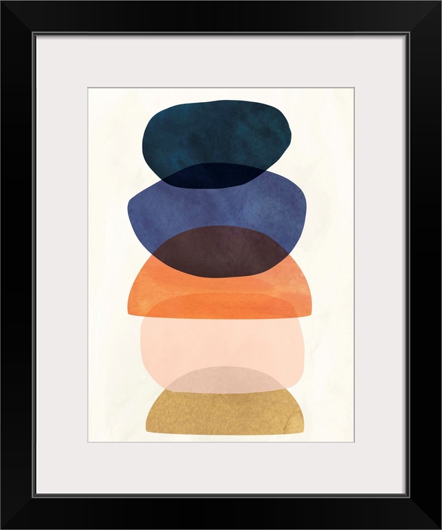 Mid-century modern style abstract painting with multi-colored overlapping shapes.