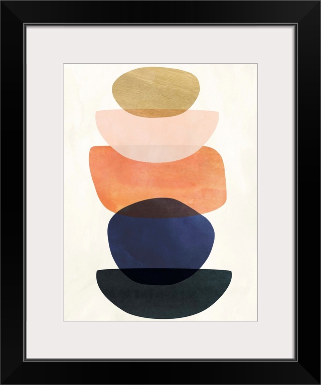 Mid-century modern style abstract painting with multi-colored overlapping shapes.