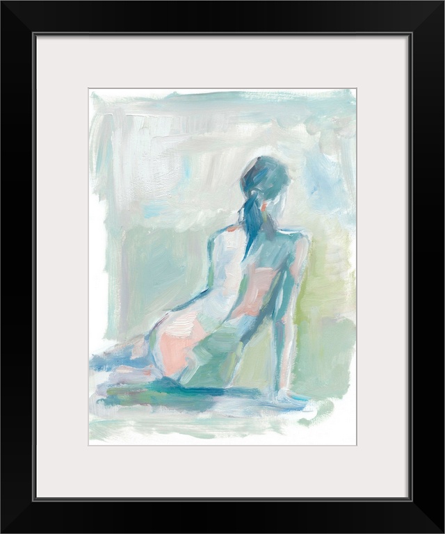 Contemporary abstract figure study of the female nude in blues and greens.