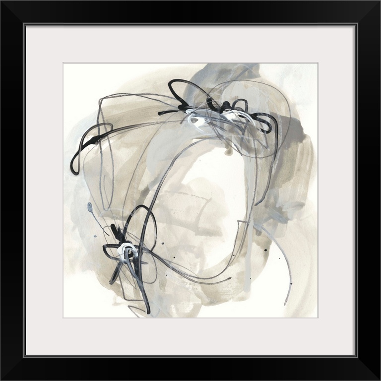 Square abstract painting in black, gray and beige in circular shapes with drips of the overlapping paint on a white backgr...