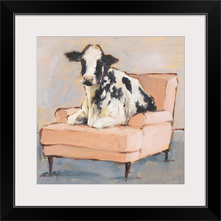 A whimsical composition of a large black and white cow lying comfortably on a peach colored chaise. With it's gold accents...