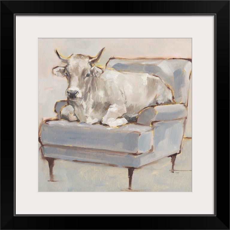 A whimsical composition of a large white cow lying comfortably on a luxe light blue chair. With it's gold accents, this im...