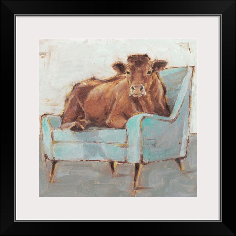 A whimsical composition of a large brown cow lying comfortably on a pale blue armchair. With it's gold accents, this image...