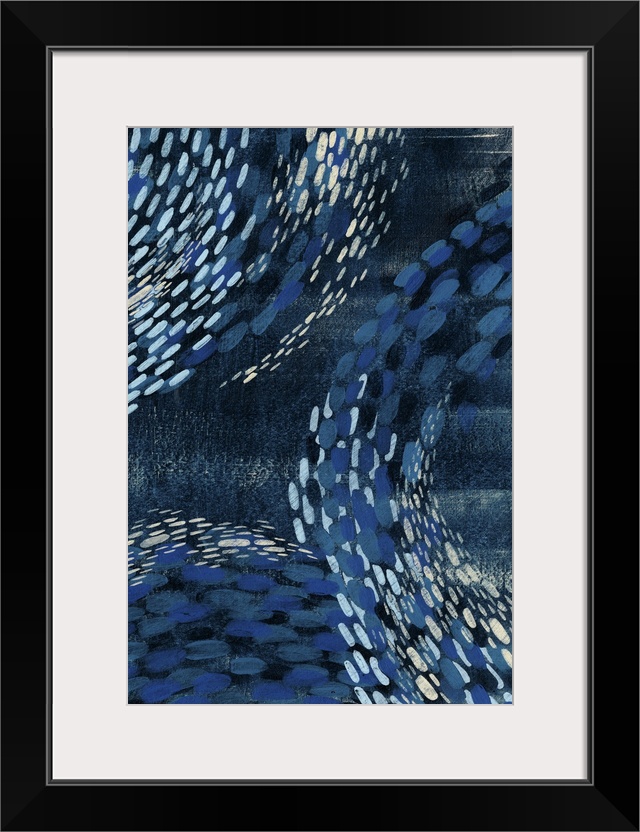 Contemporary abstract painting in shades of deep blue with curving patterns.
