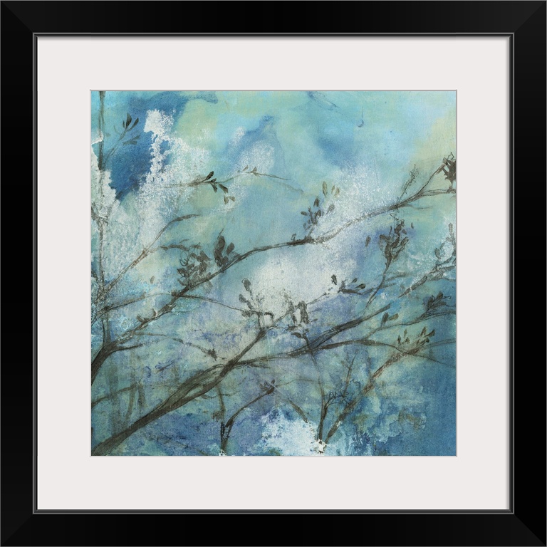 Contemporary watercolor painting of tree branches against a blue moonlit sky.