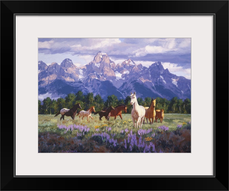 Contemporary colorful painting of a herd of horses in a countryside clearing, with mountains in the background.